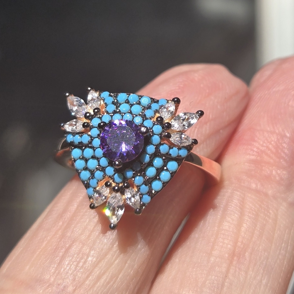 Amethyst Turquise & topaz Sterling & Rosegold Ring Sz8 - Picture 11 of 12